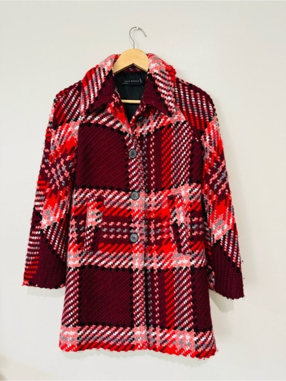 Zara Woman Red Burgundy Plaid Tweed Coat S Preppy Dark Academia - Picture 2 of 10